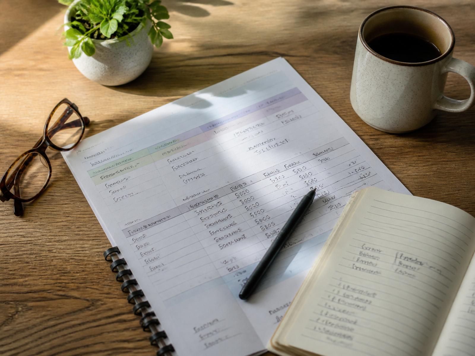 Budget planner and coffee on a bright desk