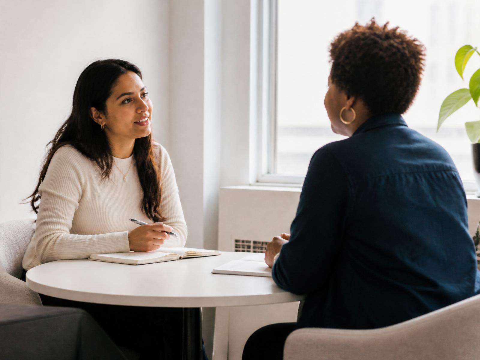 A coaching session in progress at a bright table