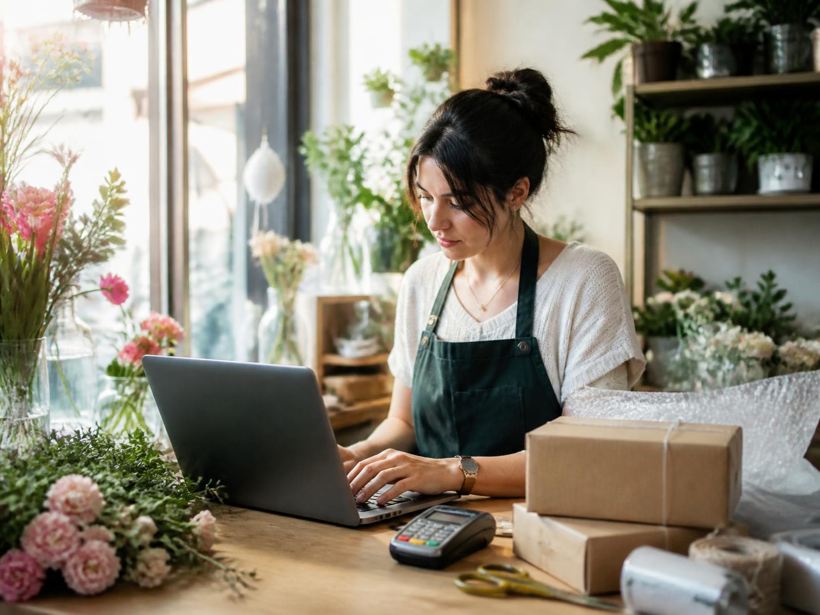 A business owner reviewing financials at her workspace