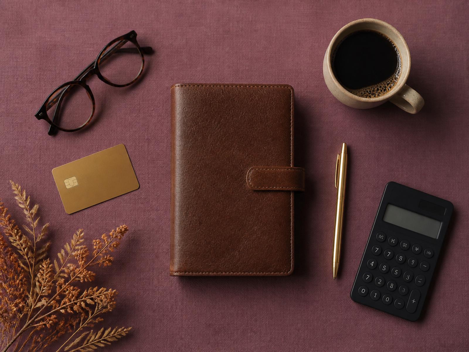 Budget templates, planner, and calculator laid out on a desk
